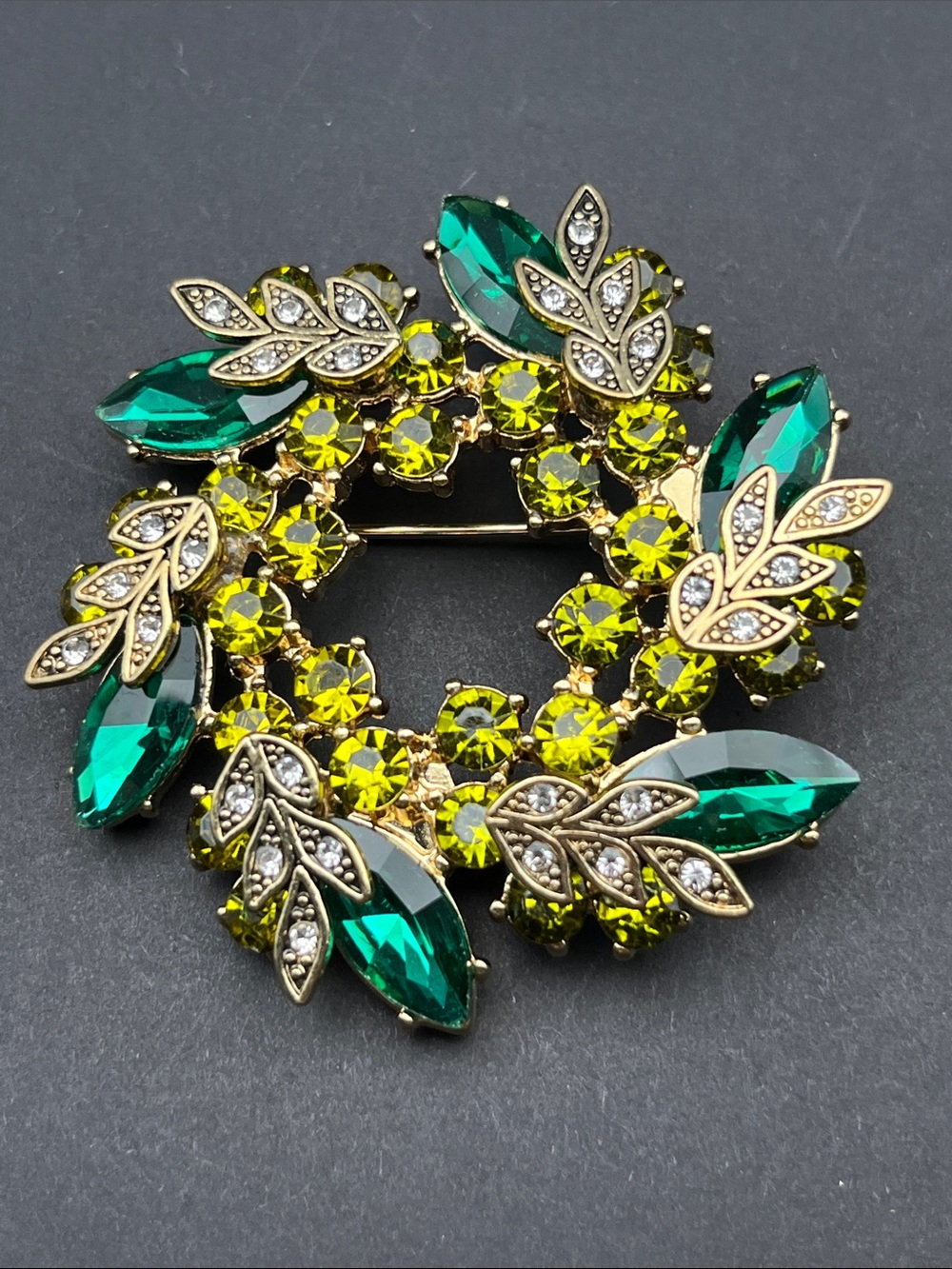 Napier wreath brooch greens and golds 2x2 inches